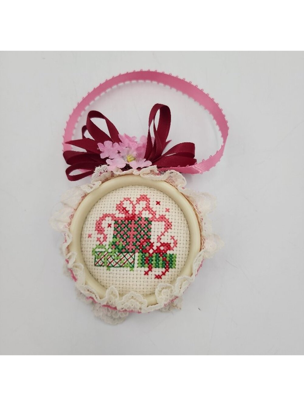 Handmade Mini Cross Stitch Christmas Presents Ornament Lace Hoop 3" Vintage